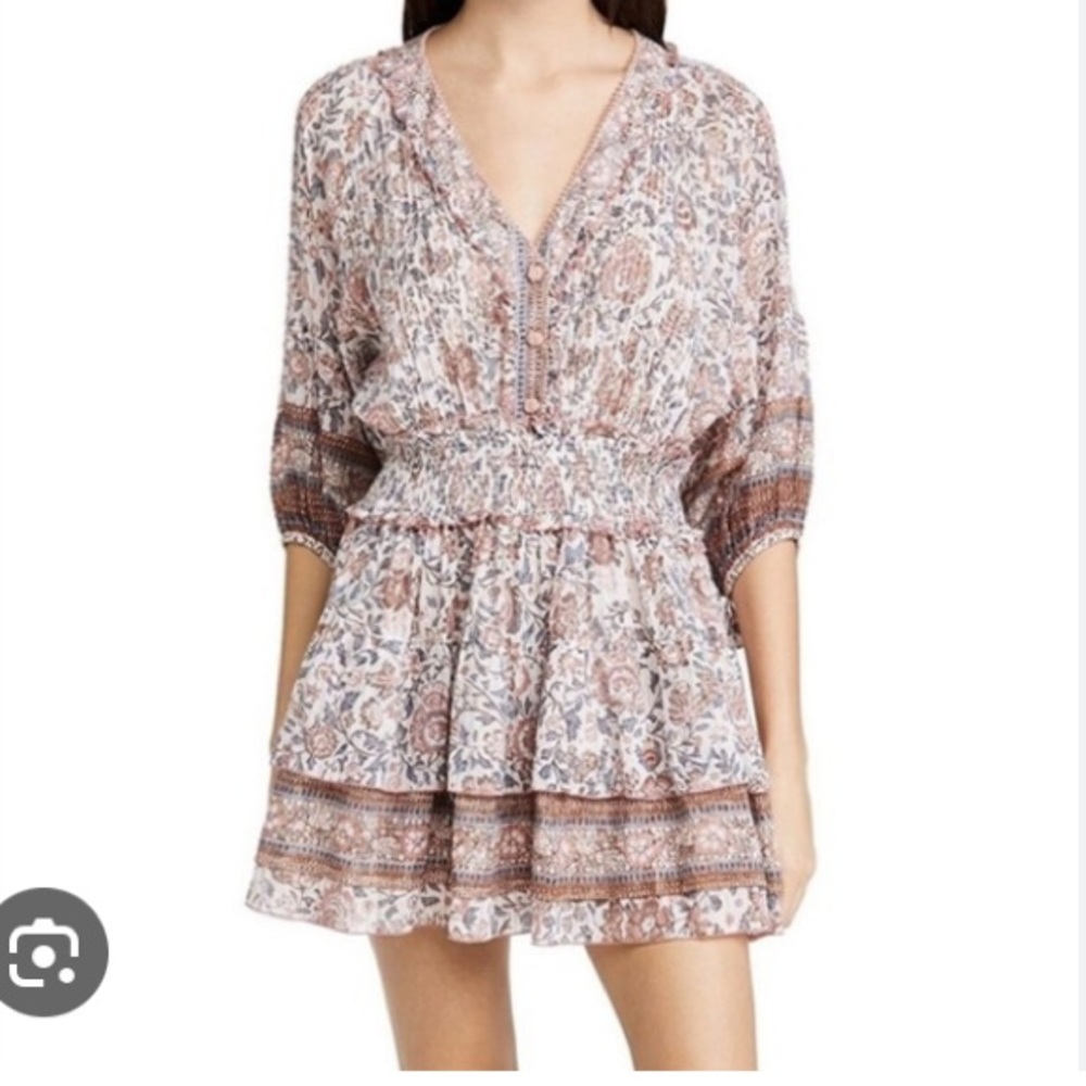 Poupette St Barth Pink and Brown Boho Floral Mini Dress